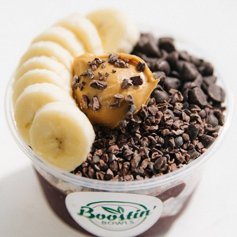 Monkey Bowl topped with banana, peanut butter and chocolate chips